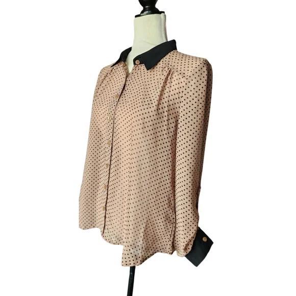 Mine Black & Tan Polka Dot Long Sleeve Sheer Button Down Blouse Top Women's M - Picture 4 of 12